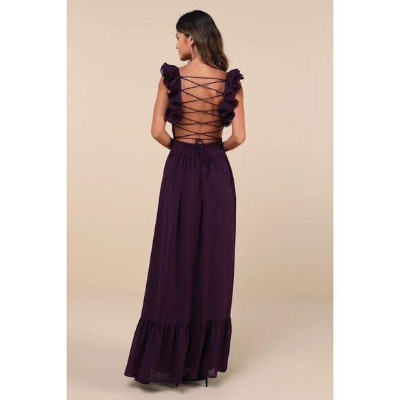 Lulus “Soiree Celebration” Purple Ruffled Lace-Up Maxi Dress – Size Medium - Picture 4 of 6